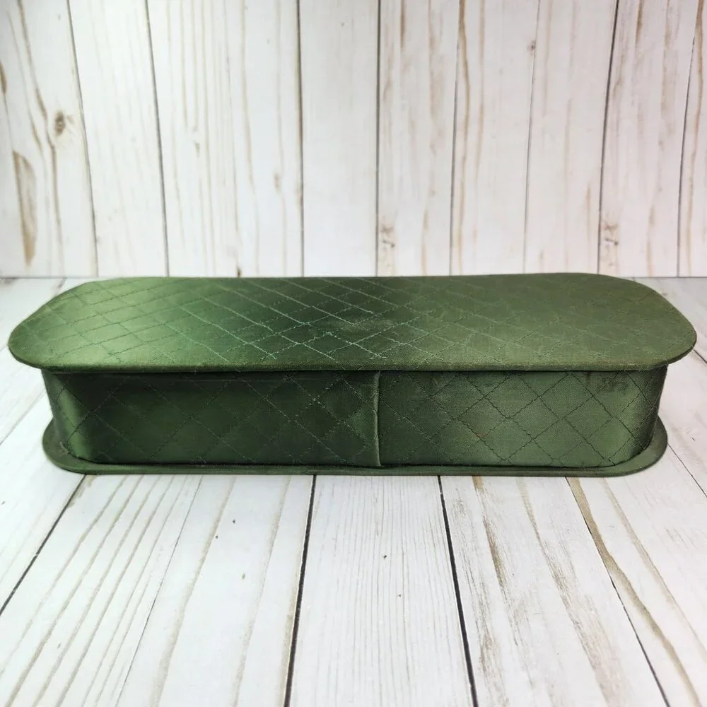 Quilted Green Satin Vanity Box Gloves Hankie Scarf Vintage 13.5 in *READ*